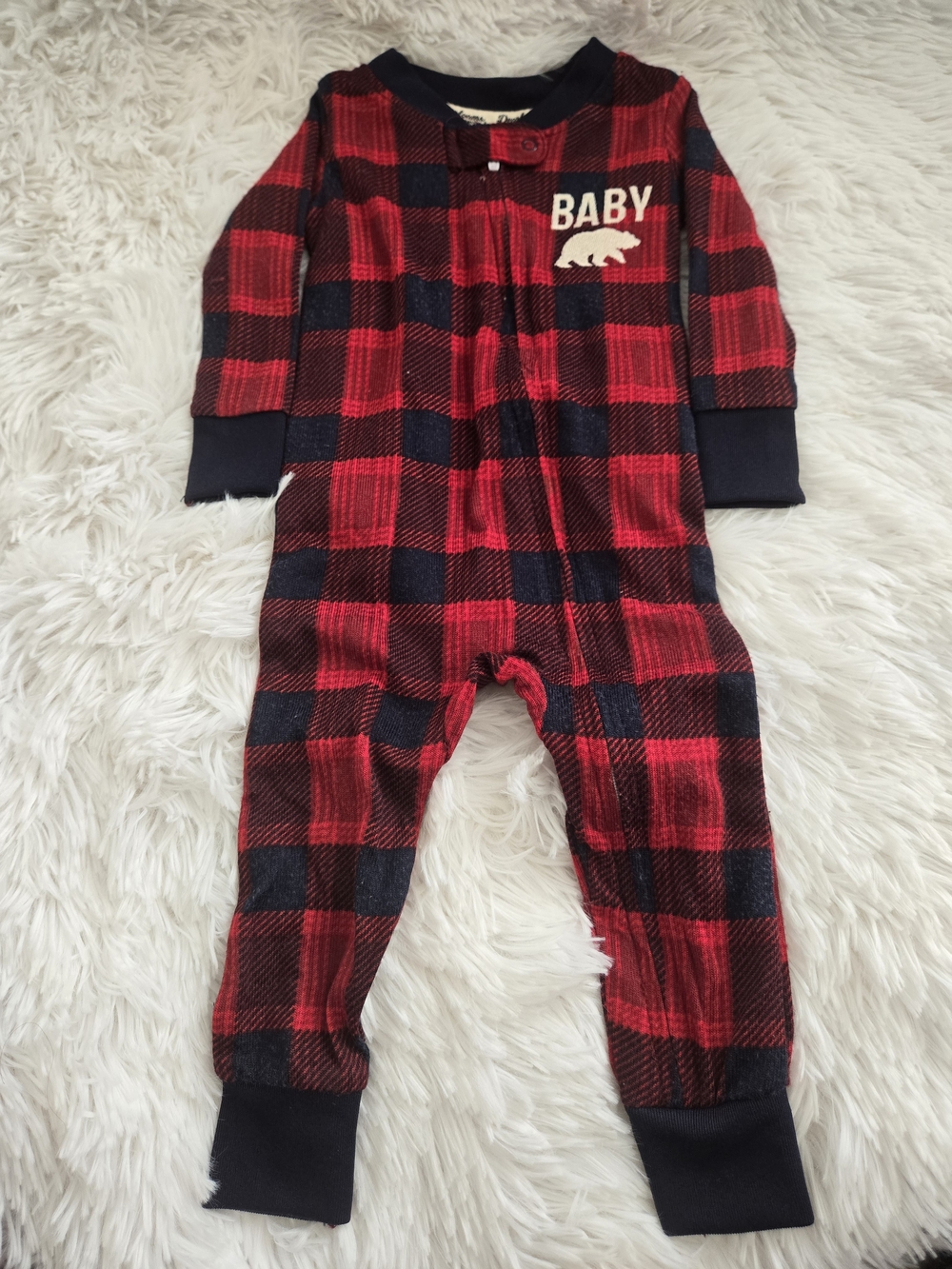 dearfoams Red and Black Plaid Baby Pajama Onesie with Bear Graphic